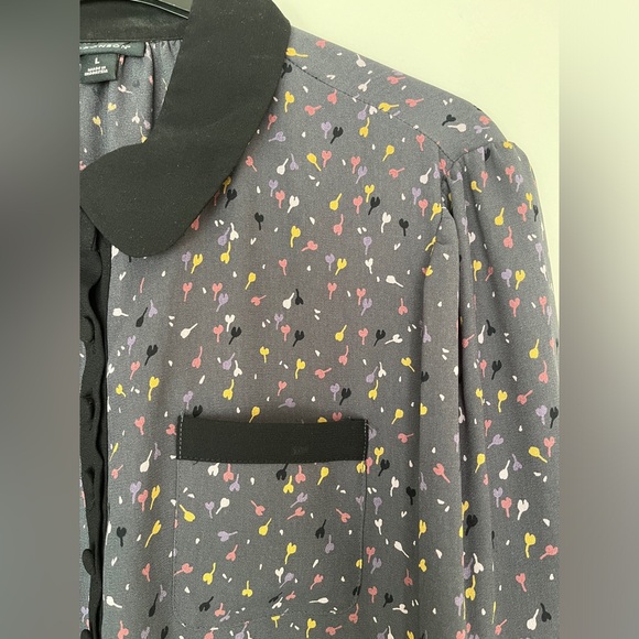 I Heart Ronson Confetti Tulip Print Long Sleeve Black Collar Grey Dress L - Picture 3 of 11